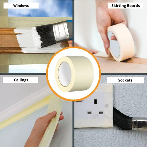 Wide Masking Tape 2 Roll Pack, 3 Inches By 55 Yards Each, Low Tack Painter Tape For Delicate Surfaces Like Wallpaper And Painted Walls, Multi Surface Adhesive Tape For Painting, Crafting, Art, Glass And Vinyl Projects shown with various uses on different surfaces