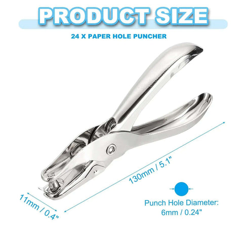 One Eighth Inch Single Hole Punch Tool Twenty Four Pack Handheld Metal Paper Puncher, ergonomic design, 3mm hole size, silver tone