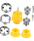 Heavy Duty Pvc Pipe Threader Kit For Electric Drill Quick Connect Die Set components, including yellow die and silver attachments.