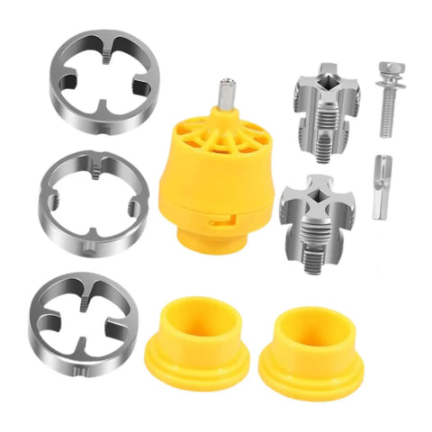 Transform Your Electric Drill Into A Pro-Grade Pipe Threader With This Heavy-Duty Manual Die Kit, includes yellow and silver components.