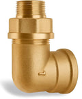 Brass 90-degree pipe elbow adapter with 3/4in male NPT to 1in female NPT, hex body