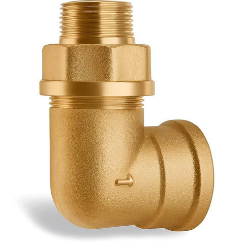 Brass 90-degree pipe elbow adapter with 3/4in male NPT to 1in female NPT, hex body