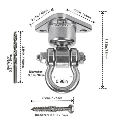 Beefy Silent Bearing Stainless Steel Heavy Duty Swing Hanger With 180 Degree And 360 Degree Swivel Hook 1500 Lb Capacity dimensions