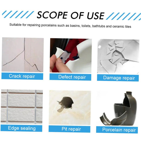 Image showing various tile repairs using Epoxy Tile Repair Kit 100g Two Part A B Quick Dry Ceramic Adhesive Paste for cracks and chips.