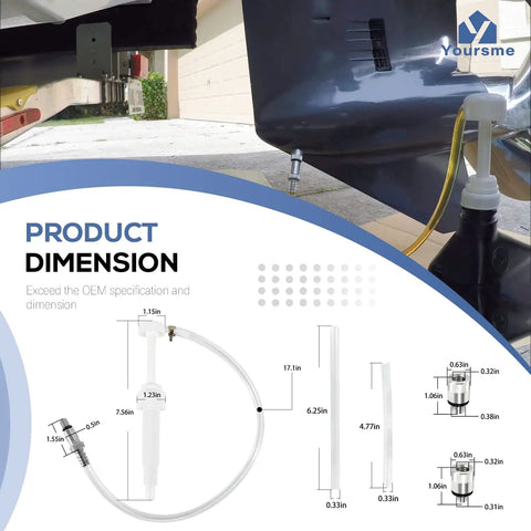 Gear Lube Pump For 32 Oz Bottles With Three Eighths Inch Swivel Adapter And Eight Millimeter And Ten Millimeter Metal Adapters, Universal Fit For Most Outboard Lower Units, Easy Install, Mess Free Lubrication; product dimensions shown with installation diagram.