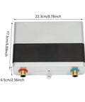 Electric Tankless Water Heater 110v With Digital Display For Instant Hot Water On Demand featuring dimensions and inlet connections.