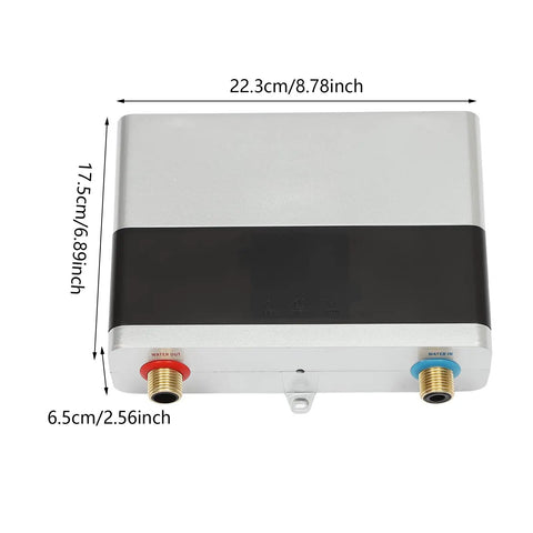 Electric Tankless Water Heater 110v With Digital Display For Instant Hot Water On Demand featuring dimensions and inlet connections.