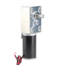 Straight Up Heavy Duty DC 24V Self Locking Gear Motor With Reversible Single Shaft Speed Reduction At 30 Rpm, aluminum body, black motor, side view.