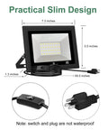 LED Outdoor Flood Lights 50W 5000LM Work Light With Plug, 7.3x5.5 inch design, plug and switch detail shown