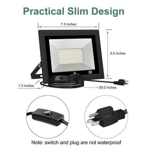 Heavy Duty Outdoor 100W LED Flood Lights 10000LM Plug In Work Light 6000K Daylight White IP66 Waterproof 2 Pack with plug and measurements