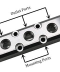 3 Way Pneumatic Manifold Air Distribution Block with labeled outlet and mounting ports