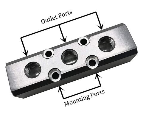 3 Way Pneumatic Manifold Air Distribution Block with labeled outlet and mounting ports