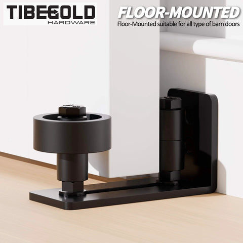 Bottom Adjustable Barn Door Floor Guide Kit With Wall Mounted Rollers 8 Setup Options for Sliding Doors installed view