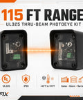 UL325 Thru-Beam Photoeye Kit For Gates And Doors With 5 To 115 Ft Range IP65 Detachable Transmitter And Receiver Four Monitoring Interfaces Including NC 10K Two-Frequency And Three-Frequency Pulse, front view
