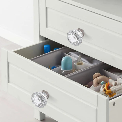 Crystal Cabinet Knobs Eight Pack Glass Pulls With Brushed Nickel Base on open dresser drawer; kitchen or bedroom use visible