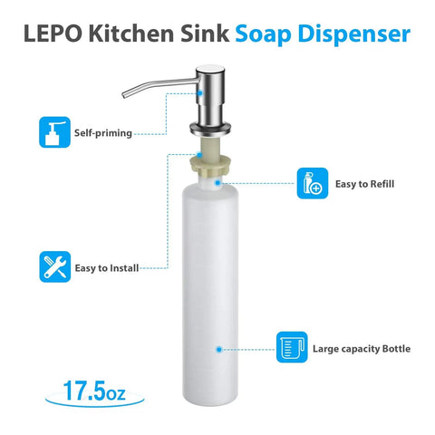 Built In Kitchen Sink Soap Dispenser And Lotion Dispenser In Brushed Nickel With 17 Oz Bottle showing easy refill and installation