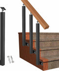 Top-Shelf Black Metal Railing Spindles With Adjustable Banister Columns For Deck Steps And Stairs Square Baluster Posts, featuring sturdy black metal spindles and a wooden handrail.