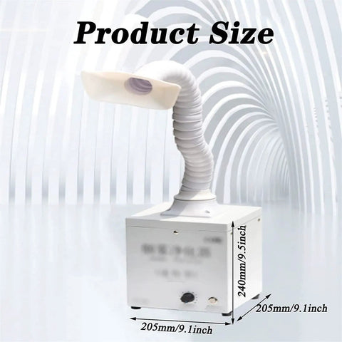 Slick Desktop Solder Fume Extractor Featuring A Solid 20W Brushless Motor And Three Layer Activated Carbon Filtration For Dead Quiet Smoke Cleanup And Flexible 360 Degree Arm Setup, showing product size with dimensions.