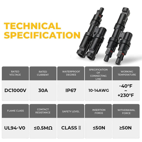 Heavy Duty Solar Y Branch Connector Kit For Paralleling Panels M To FF And F To MM technical specifications