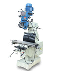 Shop Ready Heavy Duty Vertical Mill With Step Pulley And 120V Single Phase Motor features blue headstock and built coolant system.
