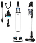 Premium Cordless Stick Vacuum With Auto Empty Base And Tangle Free Roller That Eats Up Pet Hair And Dirt Without Clogging Or Making A Mess Up To 70 Minutes Of Battery Life For Effortless Daily Home Care And Fresh Clean Floors components shown in white and black.