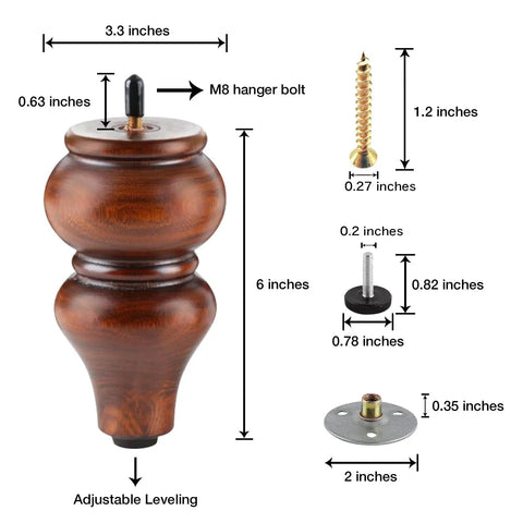 Six Inch Wood Furniture Legs Set Of 4 Adjustable Leveling Feet Round Brown Replacement For Sofa Chair Dresser Ottoman Coffee Table Cabinet With Natural Wood Grain Finish showing dimensions and components.