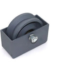 Heavy duty V-groove gate wheel with weld-in box and axle for sliding gates.