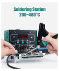 Digital Soldering Station With Hot Air Rework Temperature Adjustable LED Display in use on circuit board.