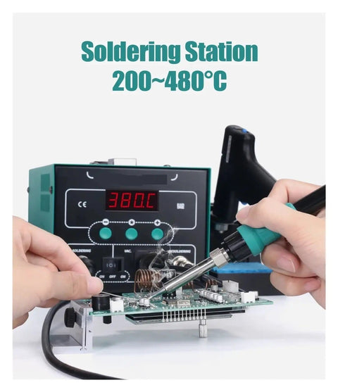 Digital Soldering Station With Hot Air Rework Temperature Adjustable LED Display in use on circuit board.