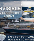 Tough As Nails Invisible Waterproof Sealant in a 300ml container next to a cruise ship, for waterproof indoor/outdoor repairs.