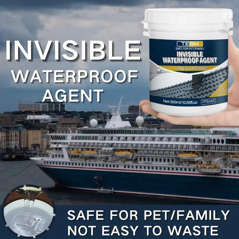 Tough As Nails Invisible Waterproof Sealant in a 300ml container next to a cruise ship, for waterproof indoor/outdoor repairs.