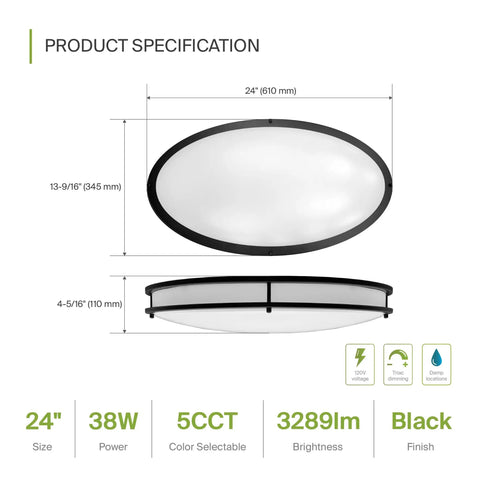 Dope 24 Inch Oval Flush Mount Light With 5CCT Dimmable ETL Listed Low Profile Double Ring Black Fixture dimensions and specs