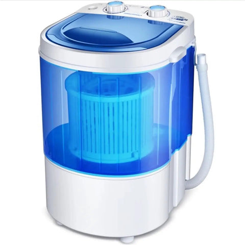 No Sweat Portable Washer And Dryer Combo, 260W Mini Washing Machine with blue transparent casing for clothing and shoes.