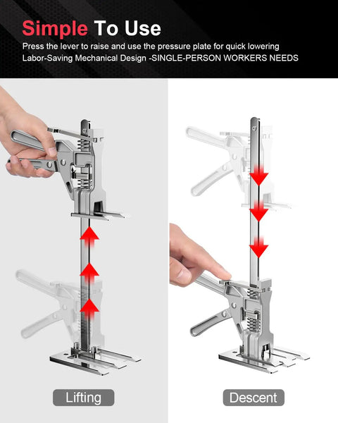 Two Pack Heavy Duty Labor Saving Arm Jack Lifts Up To Ten Inches demonstrating lifting and lowering for furniture or drywall
