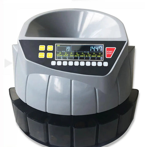 Piudoiliy Electric Coin Sorter Machine With Led Display And 8 Bins close-up view showing control panel and sorting trays.