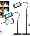 Massive 7 Inch Floor Magnifier Lamp With Light And Stand Flexible Gooseneck 10X To 30X Magnification 5 Color Modes 3 In 1 LED Desk Lamp Magnifier For Reading Close Work And Sewing Black showing multiple lighting modes and different positions