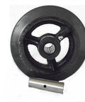 Heavy Duty Kingpinless Swivel Casters With Brakes Six Inch Rubber Tires On Steel Hub Toolbox Cart Wheels Set Of Four close-up view of caster wheel with steel hub and bearing.