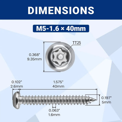 Dimensions of 50 Pack M5 X 40Mm Security Torx Screws Pin In Button Head Tapping Bolts Marine Grade 304 Stainless Steel