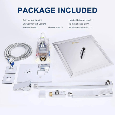 12 Inch Square Rain Shower Head With Extension Arm And Handheld Combo High Pressure All Metal Chrome Finish Shower System Includes Luxury Balance Valve Trim Kit components.