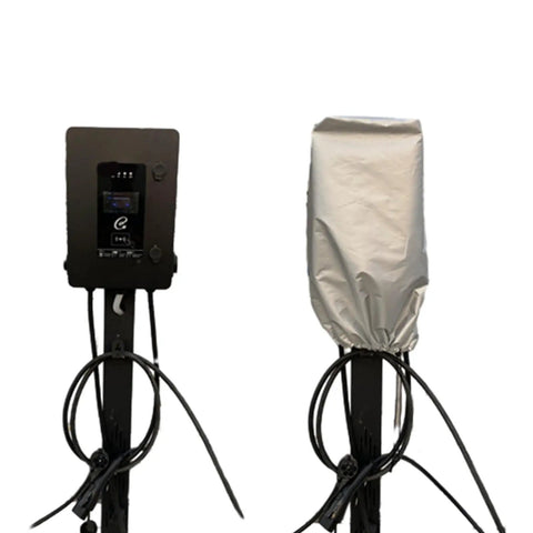Heavy Duty Beefed Up Waterproof Charging Station Cover fends off gnarly conditions for EV charger with tight fit and silver material.