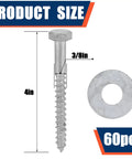 60 Pack Three Eighth Inch By Four Inch Lag Screws With Washers Hot Dip Galvanized Heavy Duty Wood Decks And Fences Kit Product Size