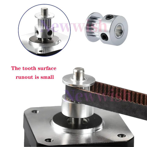 Close-up of GT2 Timing Pulley 20 Teeth 8mm Bore for 6mm Width Belt, aluminum with mounting screw on a motor shaft.