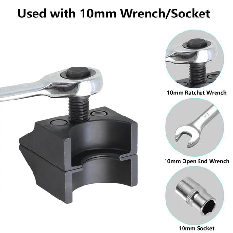 Universal Suspension Strut Spreader Tool With Double Ended Hub Clamp shown with 10mm wrench and socket