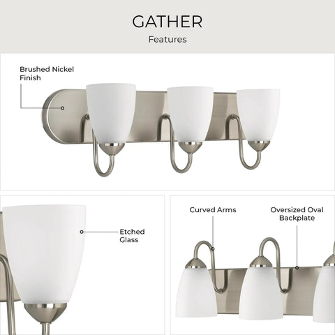 Gather Collection Three Light Bath Vanity Light with Etched Glass Shades in Brushed Nickel Finish for a Spa Vibe Coastal Modern