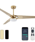 52 Inch Outdoor Wood Ceiling Fan With Lights And Remote, App Control, Timer, Reversible, Gold Finish Featured with Remote Control and App Interface