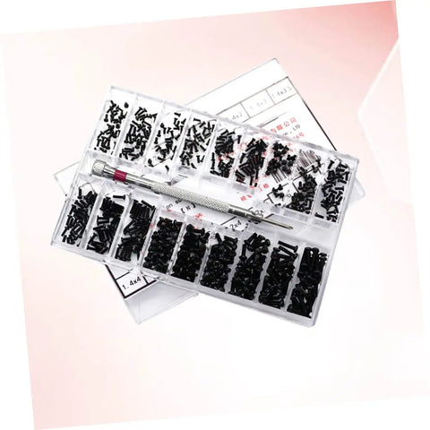 Miniature Countersunk Screw Set With Transparent Storage Case showing various small screws for glasses, watches, and DIY projects.