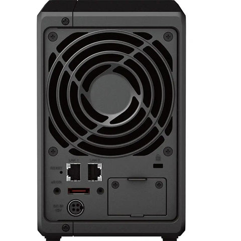 Back view of High Performance NAS Server Featuring Ryzen 2.6Ghz Chipset 32Gb Ram And Massive 24Tb Storage with cooling fan and ports.