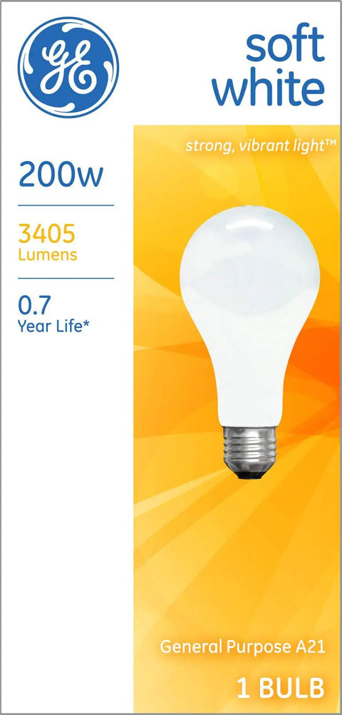 Packaging of Soft White 200W General Purpose Incandescent Light Bulbs, showing bulb design and 3405 lumens detail.