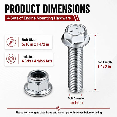 Tough As Nails Engine Mount Bolt Kit For Go Karts And Mini Bikes Four Piece Set dimensions and hardware details