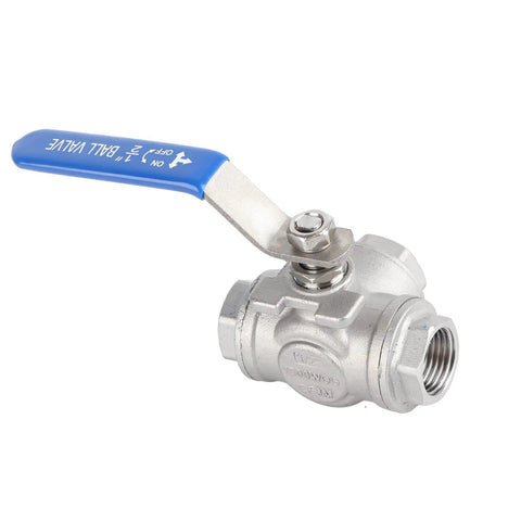304 Stainless Steel Three Way Ball Valve One Half Inch Female Thread with blue handle for industrial plumbing applications.